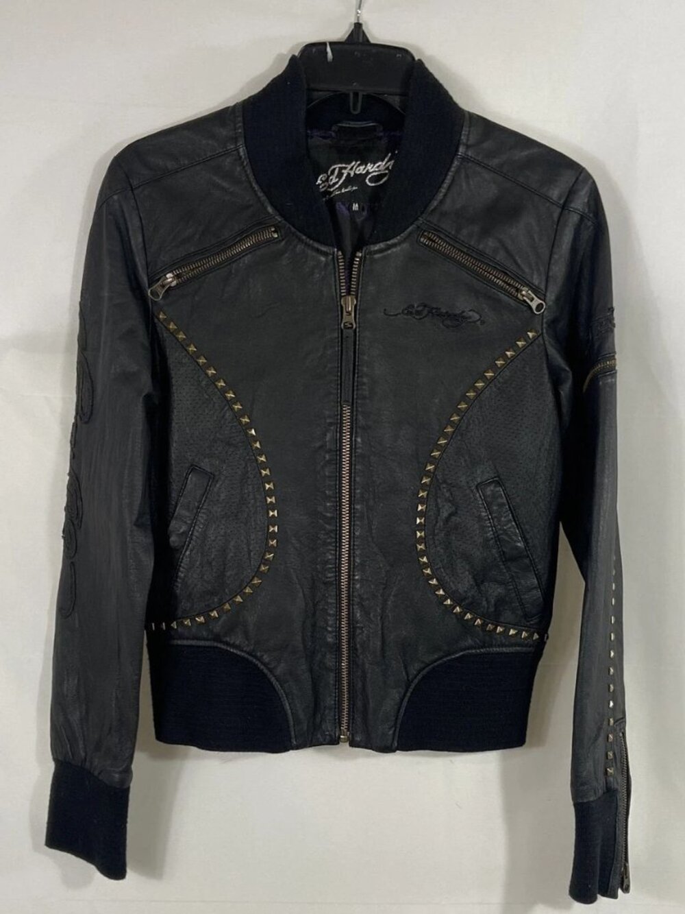 Ed Hardy Women's Black Studded Leather Jacket Skull Rose Embroidery Y2K Sz M